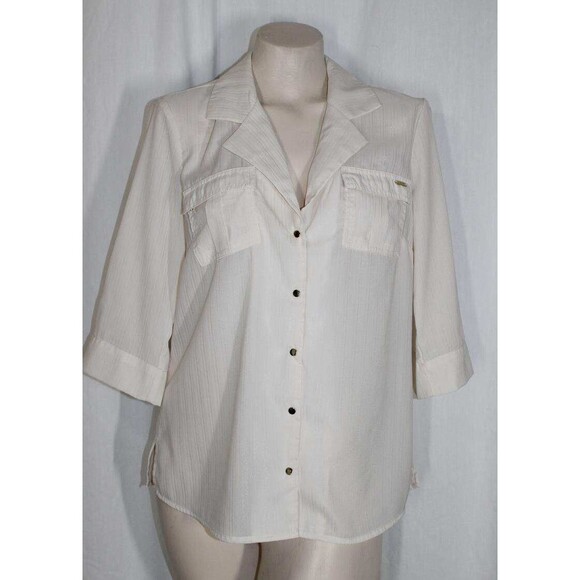 Bebe Medium Cream V Neck Gold Snap Closure 3/4 Sleeve Roll Tab Semi Sheer Top - Picture 1 of 5